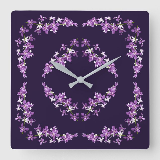 Relógio Quadrado Motif Dendrobium Orquídeo Roxo (Frente)