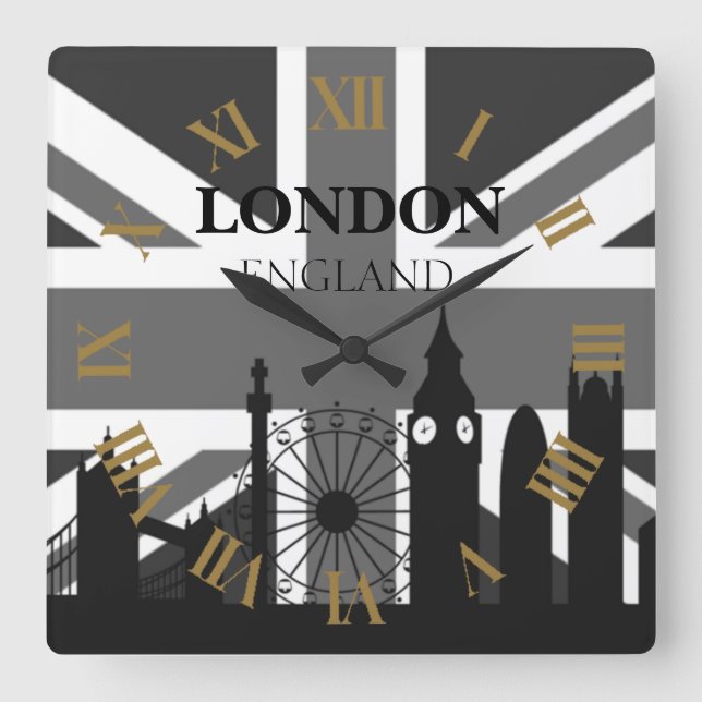 Relógio Quadrado Muito Legal Trendy Black Cinza London Union Jack (Frente)