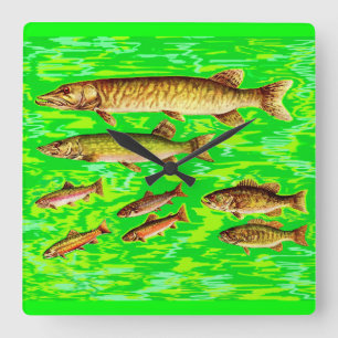 Relógio Quadrado muitos peixes no mar