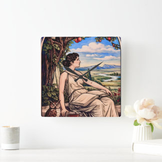 Relógio Quadrado Mulher Art Nouveau Vintage Lendo Debaixo da Árvore