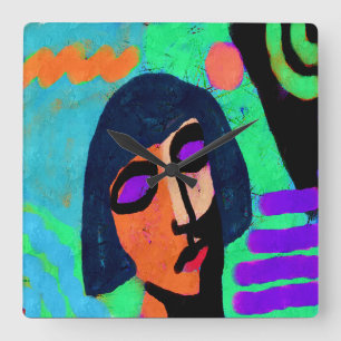 Relógio Quadrado Mulher com Bob Haircut Abstrato Art