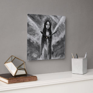 Relógio Quadrado Mulher Fada Anjo Sombrio Arte Fantasia La Luna