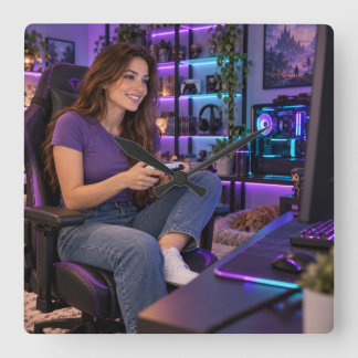 Relógio Quadrado Mulher Gamer Sala de Jogos Roxa