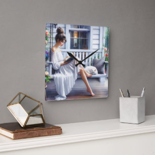 Relógio Quadrado Mulher Jovem Lendo Um Livro Com Gato