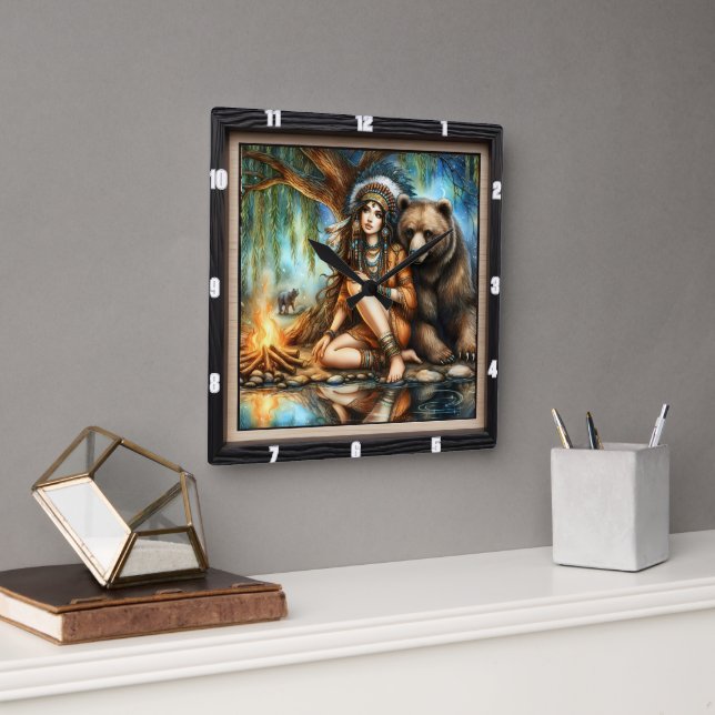 Relógio Quadrado Mulher Nativa Americana Com Urso Por Campfire (Escritório)
