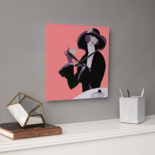 Relógio Quadrado Mulher Vintage Art Déco, Chá da Tarde e Cupcake