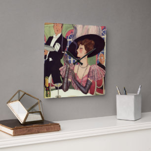 Relógio Quadrado Mulher Vintage Fumando Cigarro Bebendo Champanhe