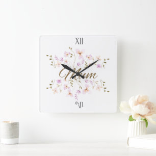 Relógio Quadrado Mum Floral, Dia das Mães e Presente de Aniversário