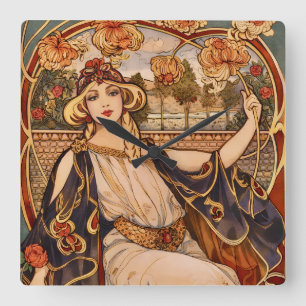 Relógio Quadrado Musa Crisântemo Dourado – Floral Art Nouveau