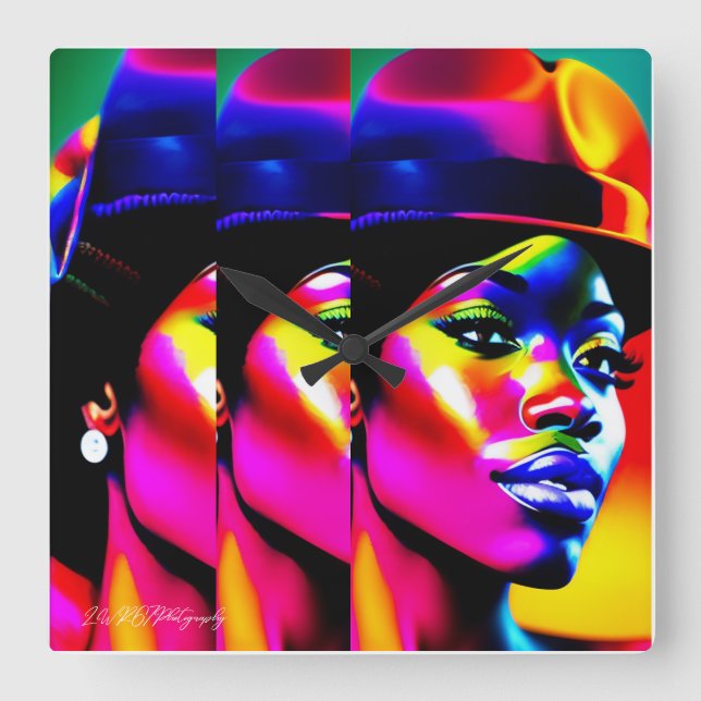 Relógio Quadrado MUSE NEON: Iridescência Elétrica (Frente)