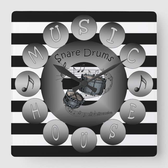 Relógio Quadrado Music House Clock~Drums Snare~Escala Espiral~Strip (Frente)