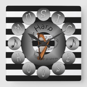 Relógio Quadrado Music House Clock ~ Harp ~ Spiral Scale ~Stripes ~