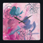 Relógio Quadrado Música interna - Desenho floral<br><div class="desc">Inner Music I de Melissa Wang. Apresenta um esboço de flores sobre um fundo cor-de-rosa macio e fluido.| 140968D</div>