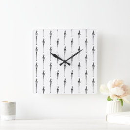Relógio Quadrado Música Motif Derretendo Treble Clef Preto e Branco