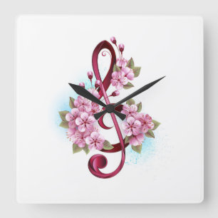 Relógio Quadrado Musical treble clef notes with Sakura flowers