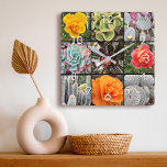 Relógio Quadrado Na moda de rosa de fotografias de colagem de flore<br><div class="desc">Rosas brilhantemente vermelhos, amarelos e laranja-acinzentados e verde-amarelado, aqua e cactos pretos gritam quente, dias de verão. Aproveite as flores e a atmosfera pacífica de um jardim vibrante sempre que você verificar o tempo neste assombroso relógio da fotografia gráfica. Faz um presente excelente para o lar! Você pode personalizar facilmente...</div>