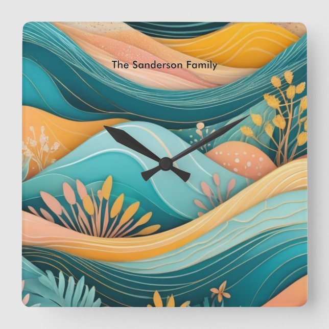 Relógio Quadrado Na moda Monograma de Paisagem de Groovy Retro (Frente)