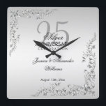 Relógio Quadrado Na moda Silver Decoration 25 de Casamento Aniversá<br><div class="desc">Na moda e o elegante relógio de aniversário de casamento de 25, adequado para eventos de aniversário de casamento de prata. Lindas na moda prata espirram e floresce decorações de canto em um fundo prateado bonito. Todo texto é totalmente personalizável para atender às suas necessidades. Se precisar de ajuda para...</div>