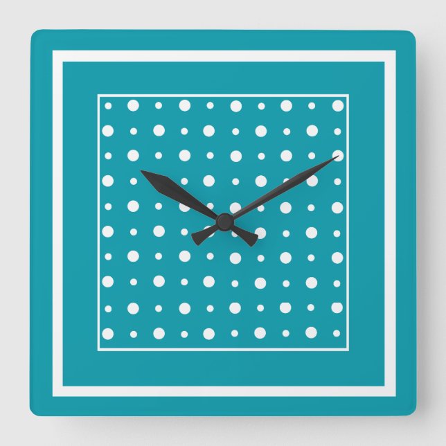 Relógio Quadrado Na moda Square Wall Clock White Bolinhas em Teal (Frente)