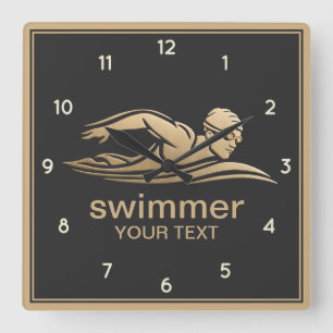 Relógio Quadrado Nadador Dourado Negro Nadando Piscina Água Persona