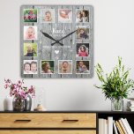 Relógio Quadrado Nana Nós Te Amo 12 Foto Colagem Cinza Madeira<br><div class="desc">Relógio de colagem de fotos de madeira rustica personalizado com 12 fotos,  nomes de netos e 'Nana Nós te amamos' tipografia.</div>