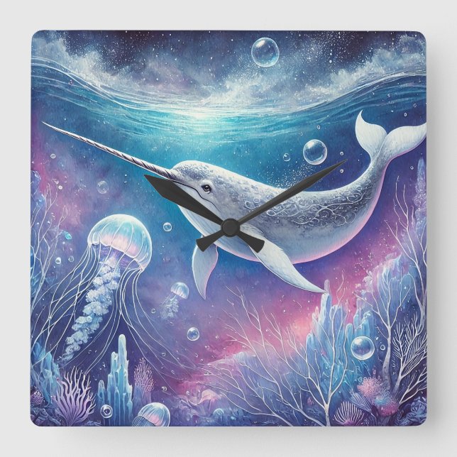 Relógio Quadrado Narwhal Fantasy (Frente)