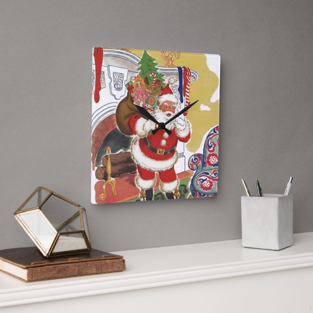 Relógio Quadrado Natal Antigo, Alegre Papai Noel com Presentes (Escritório)