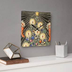 Relógio Quadrado Natal Antigo, Árvore com Velas e uma Estrela