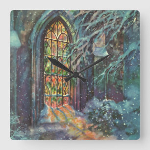 Relógio Quadrado Natal Antigo Igreja com Vitral