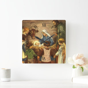 Relógio Quadrado Natal Antigo, Natividade Religiosa com o Menino Je