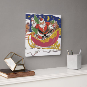 Relógio Quadrado Natal Antigo, Papai Noel Alegre com Trenó