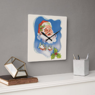 Relógio Quadrado Natal Antigo, Papai Noel Alegre Retro
