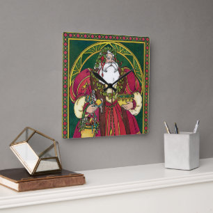 Relógio Quadrado Natal Antigo, Papai Noel com Folhas de Azevinho