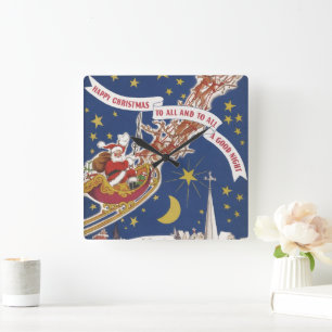 Relógio Quadrado Natal Antigo Papai Noel Com Rena Voadora
