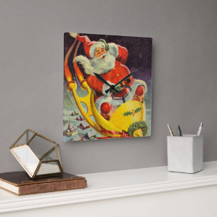 Relógio Quadrado Natal Antigo, Papai Noel em uma Espaçonave