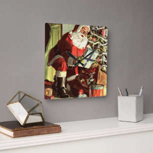 Relógio Quadrado Natal Antigo, Papai Noel Retrô com Presentes