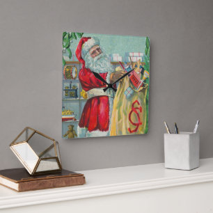 Relógio Quadrado Natal Antigo, Papai Noel Vitoriano com Brinquedos