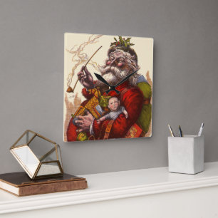 Relógio Quadrado Natal Antigo, Papai Noel Vitoriano Com Brinquedos