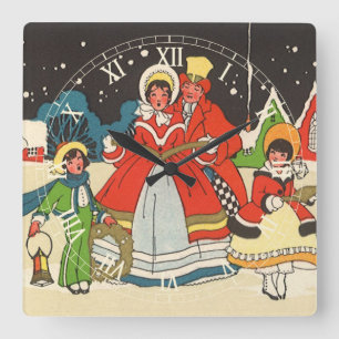 Relógio Quadrado Natal Antigo, uma Família Cantando Músicas de Nata