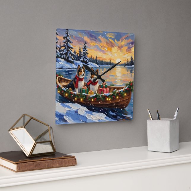 Relógio Quadrado Natal de barco de cão Shetland (Escritório)