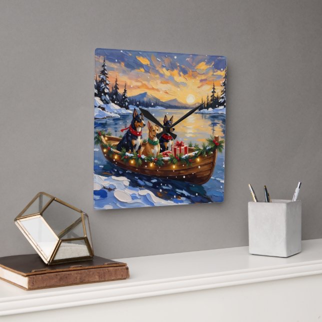 Relógio Quadrado Natal de barco de Kelpie australiano (Escritório)