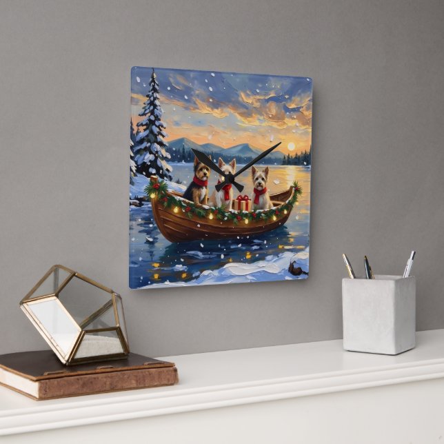 Relógio Quadrado Natal de barco de Terrier Cairn (Escritório)