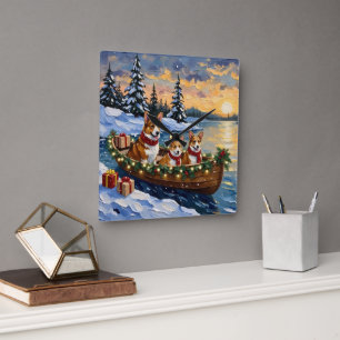Relógio Quadrado Natal de barco do Corgi