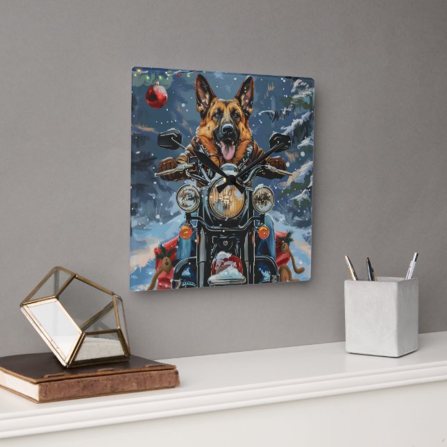 Relógio Quadrado Natal de Motocicleta german shepherd (Escritório)