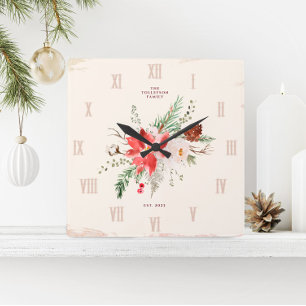 Relógio Quadrado Natal em Casa de Campo Inverno Poinsettia Rústico
