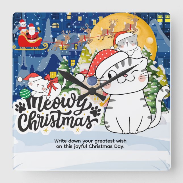 Relógio Quadrado Natal Feliz Meowy (Frente)