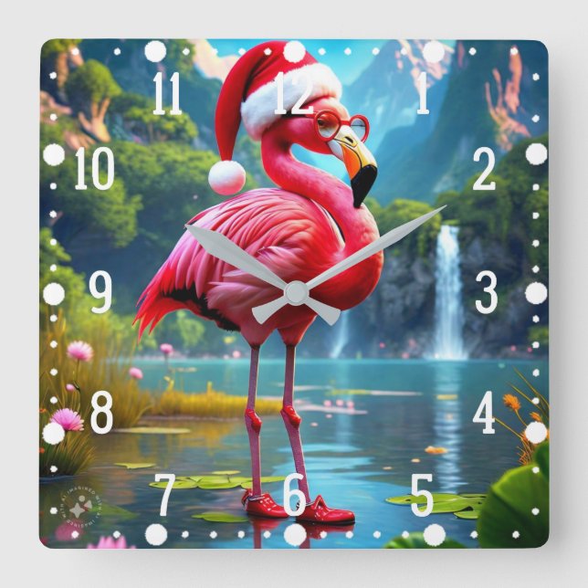 Relógio Quadrado Natal Flamingo Como Papai Noel-47476 (Frente)