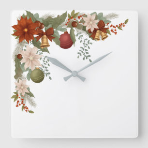 Relógio Quadrado Natal Floral Vermelho e Verde Elegante