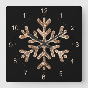 Relógio Quadrado Natal preto do floco de neve e Dourado elegante