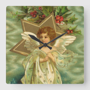 Relógio Quadrado Natal vintage, anjo do Victorian com estrelas